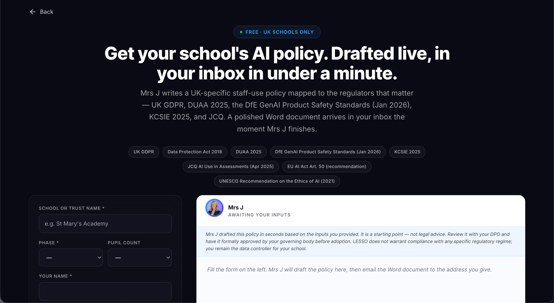 LESSO AI policy generator for UK schools — school-specific policy drafted in seconds
