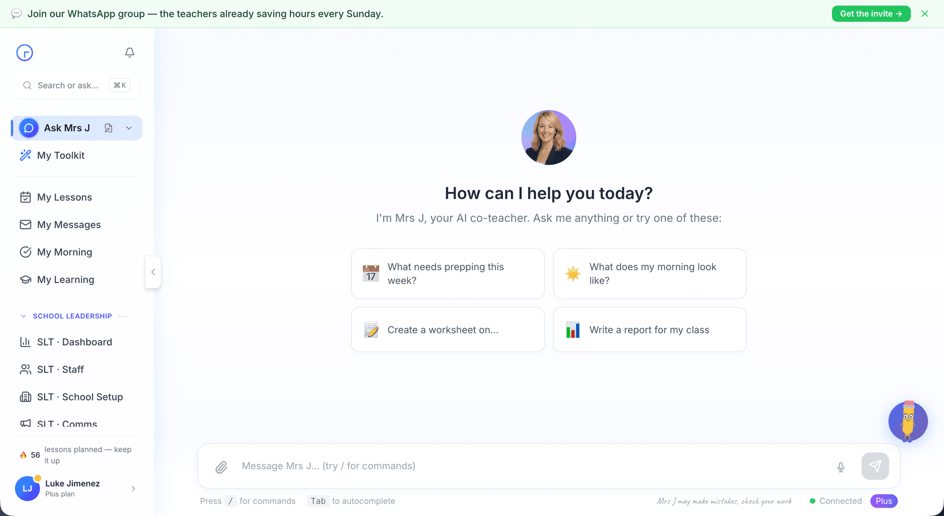 Mrs J AI Co-Teacher — LESSO platform showing Mrs J chat interface with full school sidebar navigation