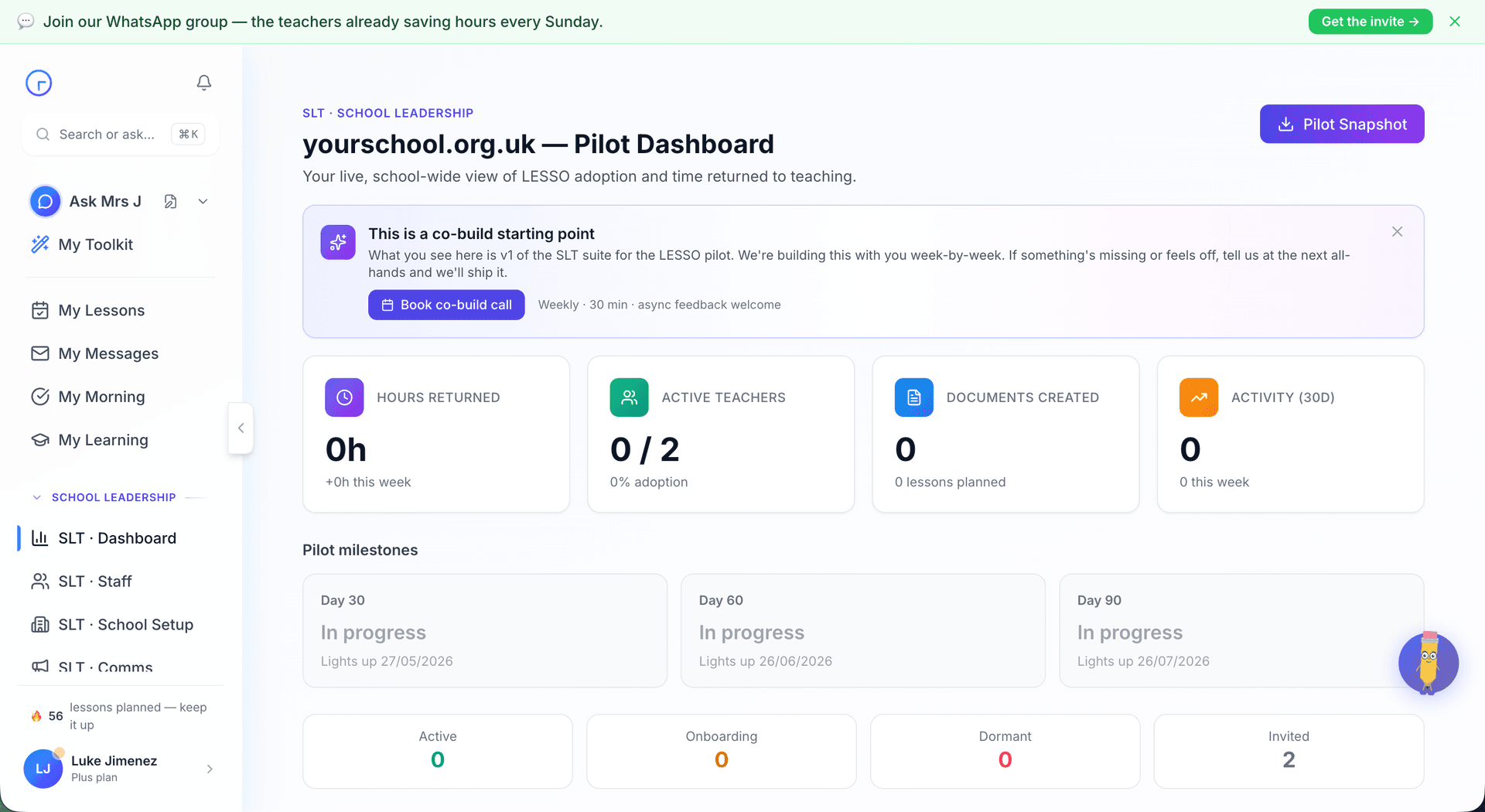 LESSO SLT Pilot Dashboard showing hours returned, active teachers, and adoption metrics