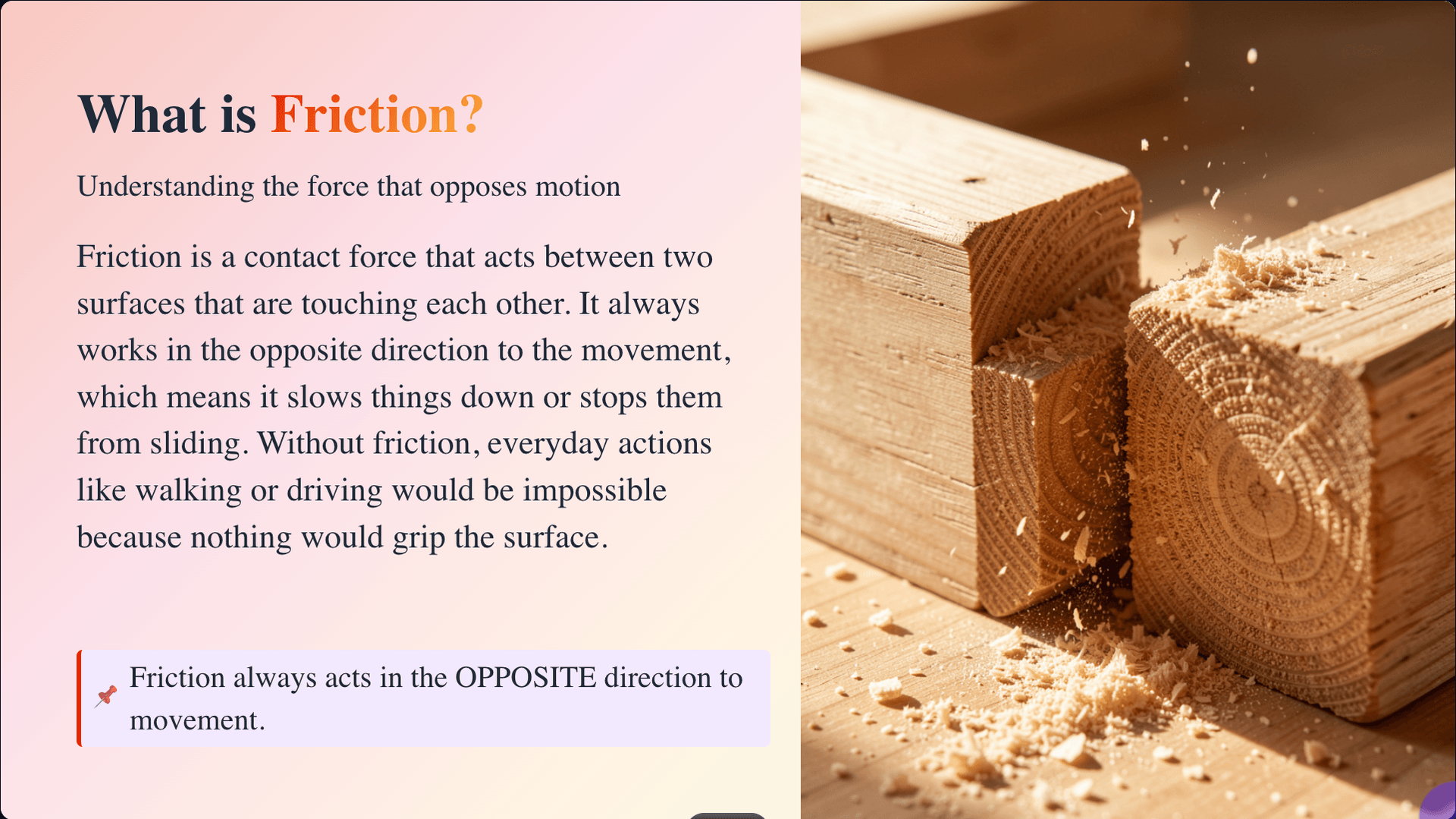 Real LESSO-generated slide: What is Friction? — ready to present
