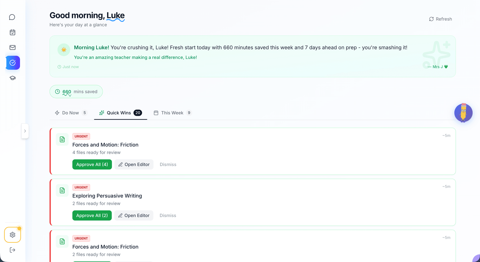 LESSO morning dashboard showing time saved and lessons ready for approval